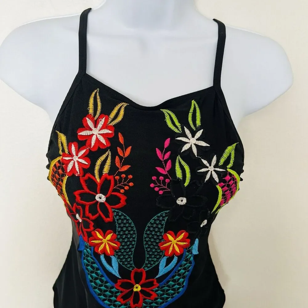 Yang Zi Gang Black Fiesta Mexican Embroidered One Piece Swimsuit Large High - Picture 4 of 9